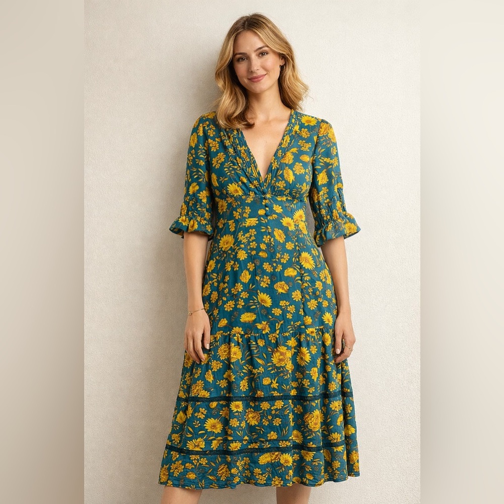 Forever 21 Teal Midi Dress with Yellow Floral Print